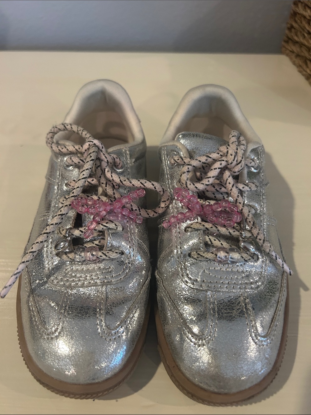 Zara Kids Silver Glitter Sneakers with Pink Bead Lace Accents